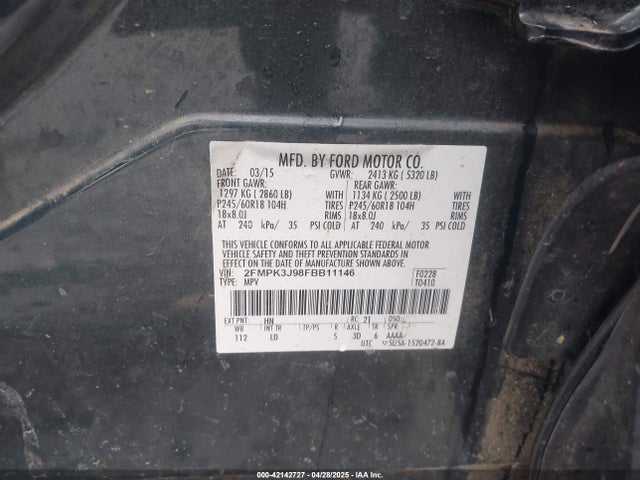 Ford EDGE SEL 2015 2FMPK3J98FBB11146 Image 9
