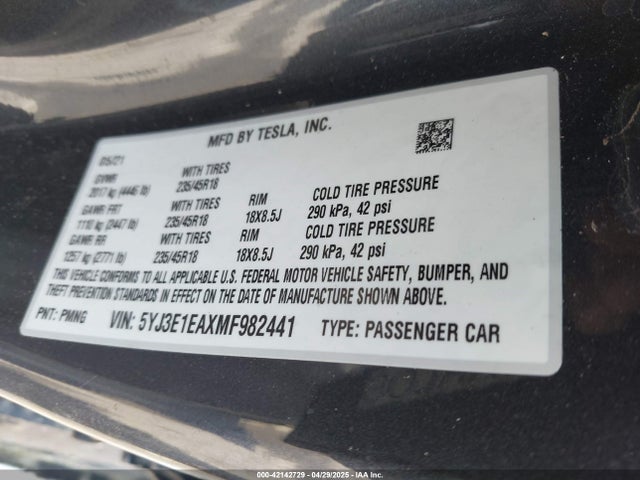 2021 TESLA MODEL 3 5YJ3E1EAXMF982441 Photo 8