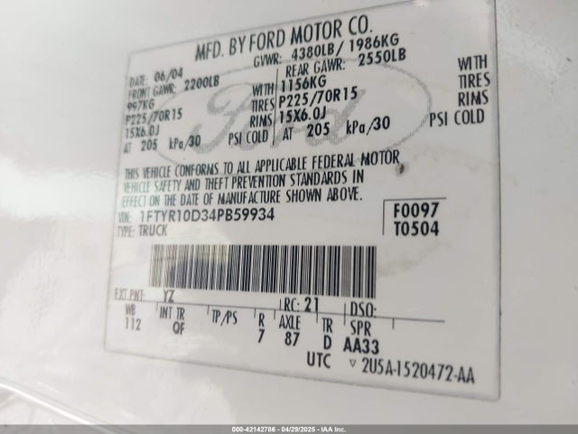 2004 Ford Ranger Xl/xlt მანქანა იყიდება აუქციონზე, vin: 1FTYR10D34PB59934, აუქციონის ნომერი: 42142786