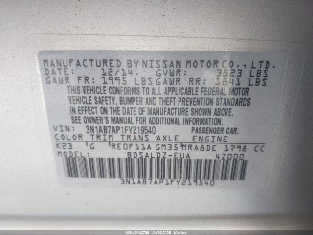 3N1AB7AP1FY219540 Nissan SENTRA SV