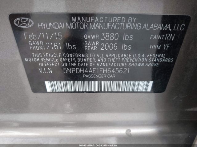 5NPDH4AE1FH645621 Hyundai ELANTRA SE