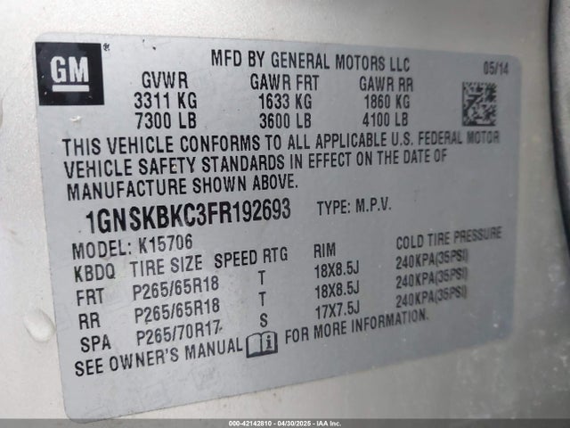 1GNSKBKC3FR192693 Chevrolet Tahoe Lt