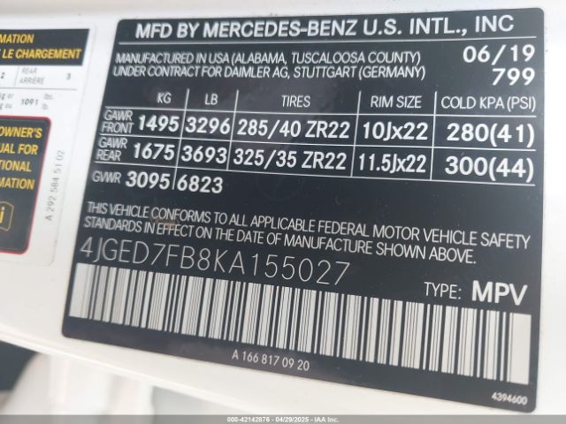 4JGED7FB8KA155027 Mercedes-Benz m157