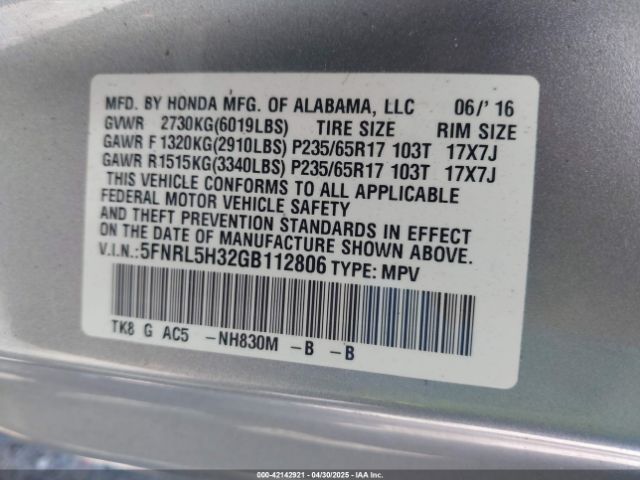 5FNRL5H32GB112806 Honda ODYSSEY SE