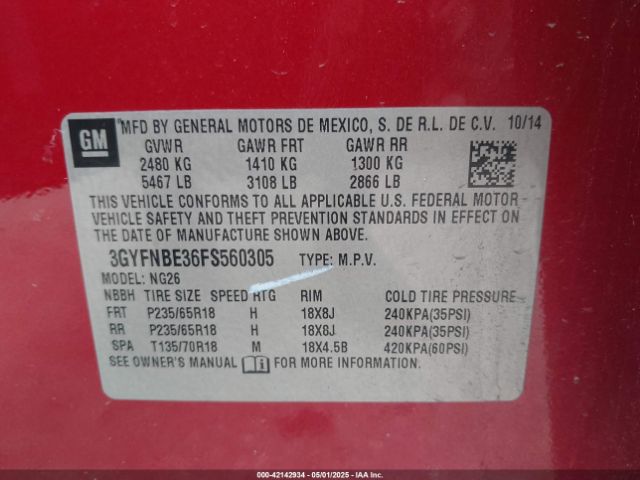 3GYFNBE36FS560305 Cadillac Srx Luxury Collection