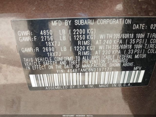 4S4BTANC8N3197171 Subaru Outback Limited