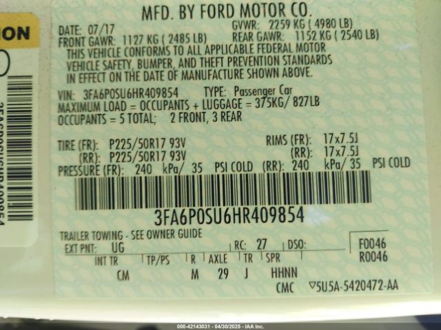 3FA6P0SU6HR409854 Ford Fusion Energi Titanium