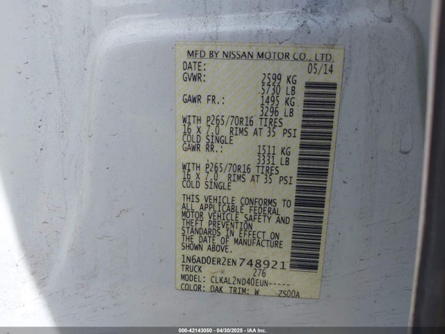 1N6AD0ER2EN748921 Nissan Frontier Sv