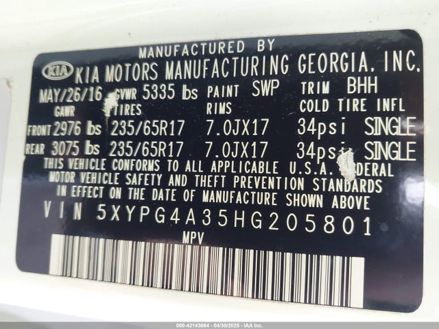 5XYPG4A35HG205801 KIA Sorento 2.4l Lx