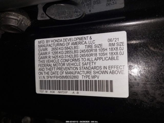 5FNYF6H58MB092860 Honda Pilot Awd Ex-l