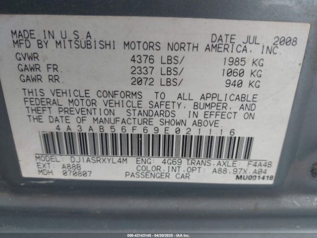 2009 MITSUBISHI GALANT 4A3AB56F69E021116 Photo 8