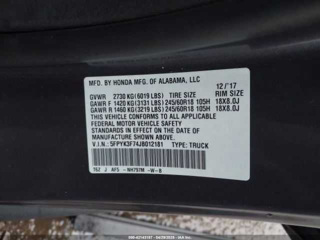 5FPYK3F74JB012181 Honda Ridgeline Rtl-e
