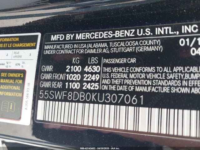 55SWF8DB0KU307061 Mercedes-Benz C 300