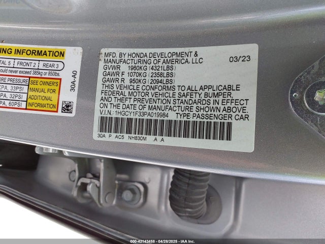 1HGCY1F33PA019984 Honda ACCORD EX