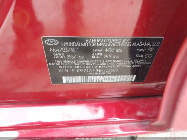5NPE24AF1HH522600 Hyundai Sonata