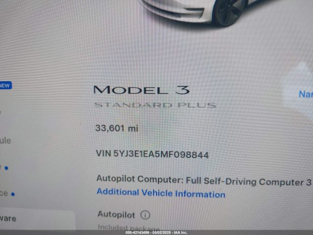 5YJ3E1EA5MF098844 Tesla Model 3 Standard Range Plus Rear-wheel Drive