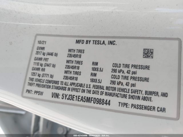 5YJ3E1EA5MF098844 Tesla Model 3 Standard Range Plus Rear-wheel Drive