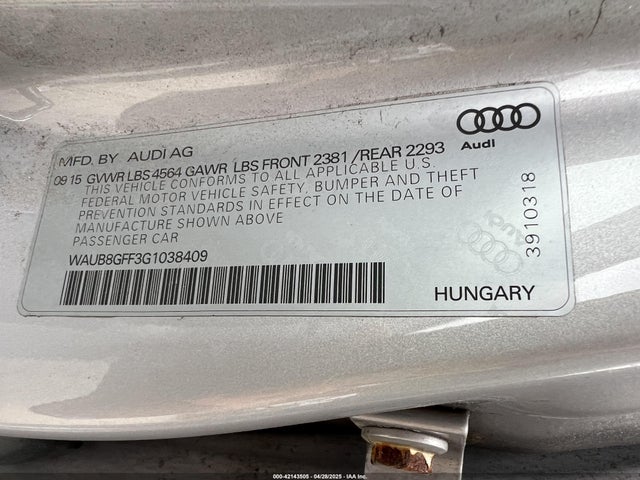 WAUB8GFF3G1038409 Audi A3 PREMIUM