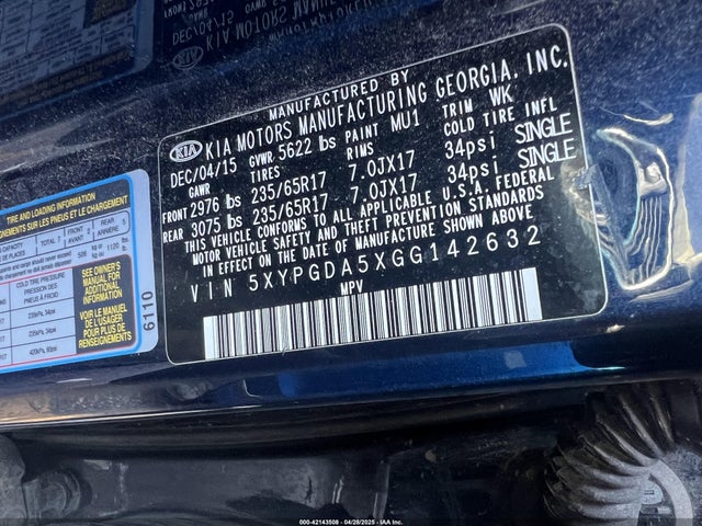 5XYPGDA5XGG142632 KIA Sorento Lx/l
