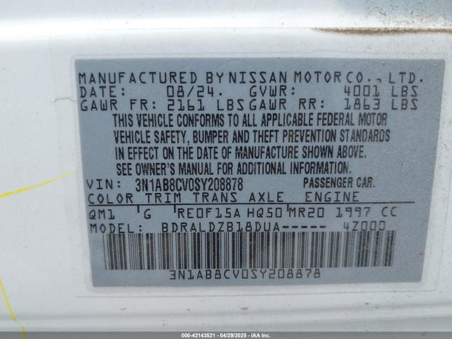 3N1AB8CV0SY208878 Nissan SENTRA SV