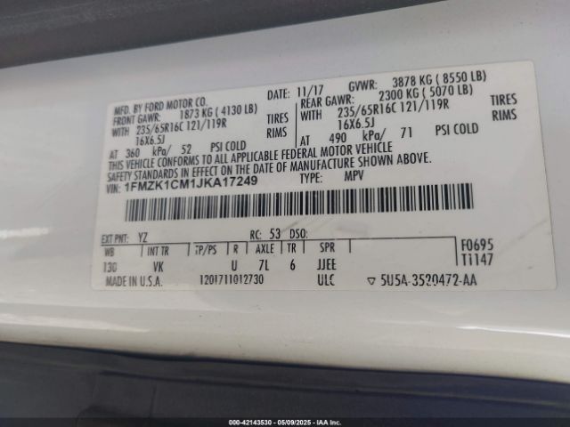 1FMZK1CM1JKA17249 Ford Transit-150 Xl