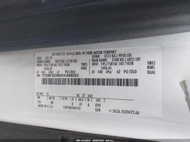 1FDBF8ZM0KKA86053 Ford Transit-350 Cab