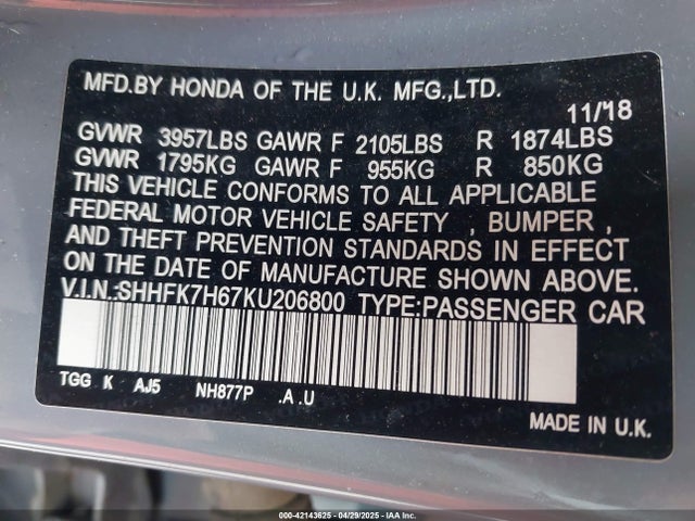 SHHFK7H67KU206800 Honda CIVIC EX