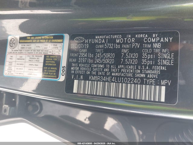 2020 Hyundai Palisade Sel მანქანა იყიდება აუქციონზე, vin: KM8R34HE4LU102240, აუქციონის ნომერი: 42143650