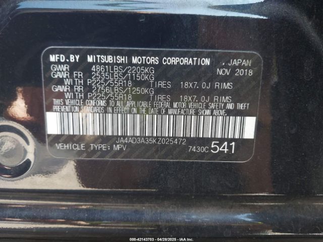 2019 MITSUBISHI OUTLANDER JA4AD3A35KZ025472 Photo 8
