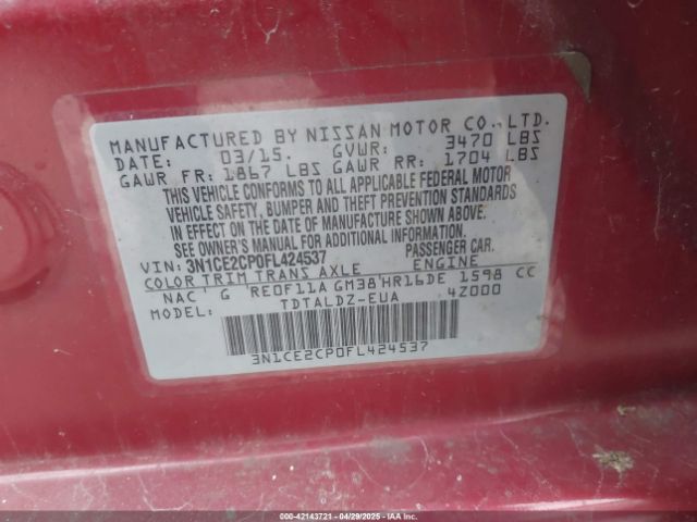 3N1CE2CP0FL424537 Nissan Versa Note S (sr)/s Plus/sl/sr/sv