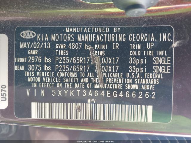 5XYKT3A64EG466262 KIA SORENTO LX