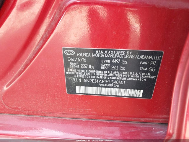 5NPE24AF1HH540501 Hyundai Sonata