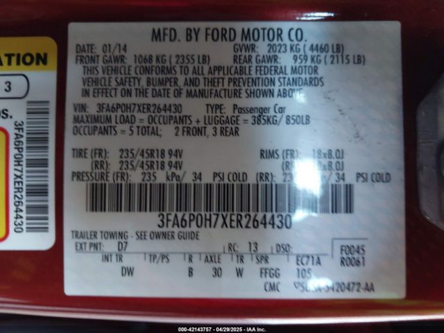 3FA6P0H7XER264430 Ford FUSION SE