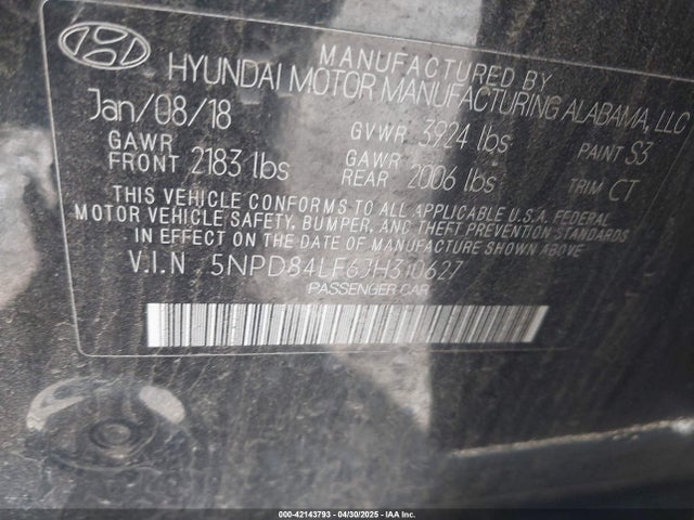 5NPD84LF6JH310627 Hyundai ELANTRA SEL