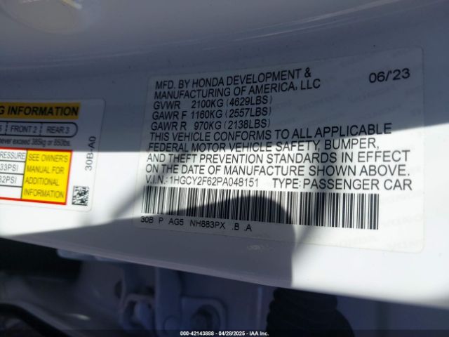1HGCY2F62PA048151 Honda Accord Hybrid Ex-l