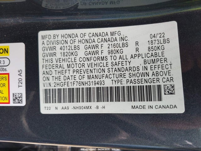 2HGFE1F76NH319493 Honda l15by