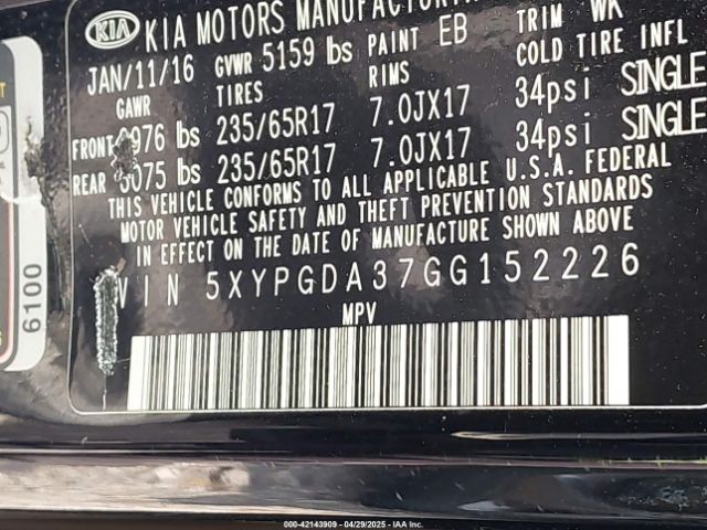 5XYPGDA37GG152226 KIA Sorento 2.4l Lx