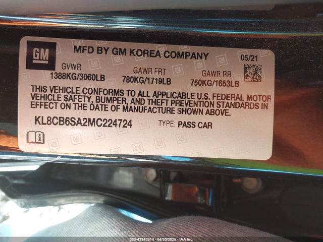 Продажа на аукционе авто 2021 Chevrolet Spark Fwd Ls Automatic, vin: KL8CB6SA2MC224724, номер лота: 42143914