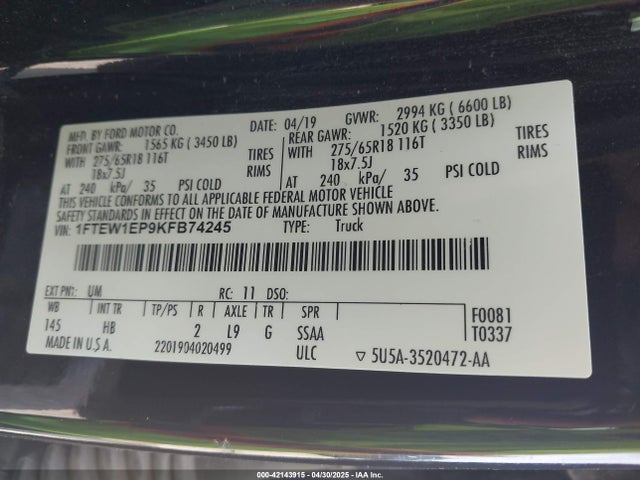1FTEW1EP9KFB74245 Ford F-150 Lariat