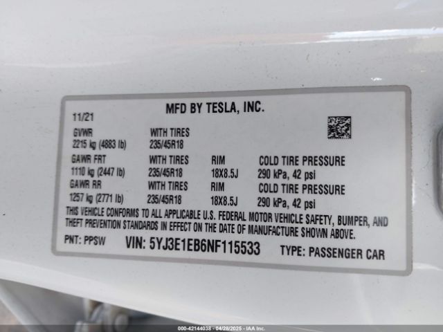 5YJ3E1EB6NF115533 Tesla Model 3 Long Range Dual Motor All-wheel Drive