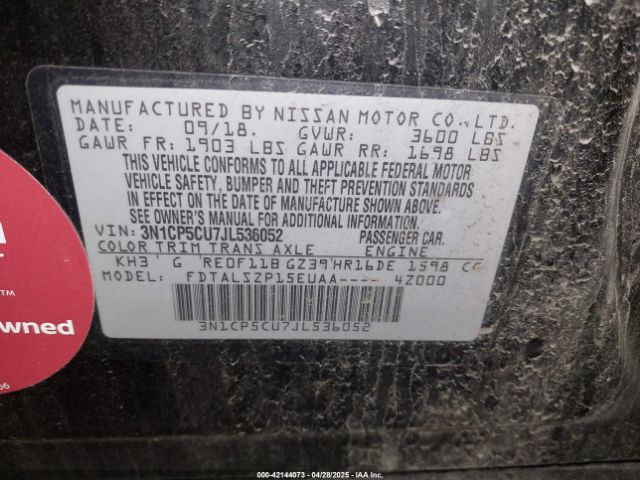 3N1CP5CU7JL536052 Nissan KICKS SV