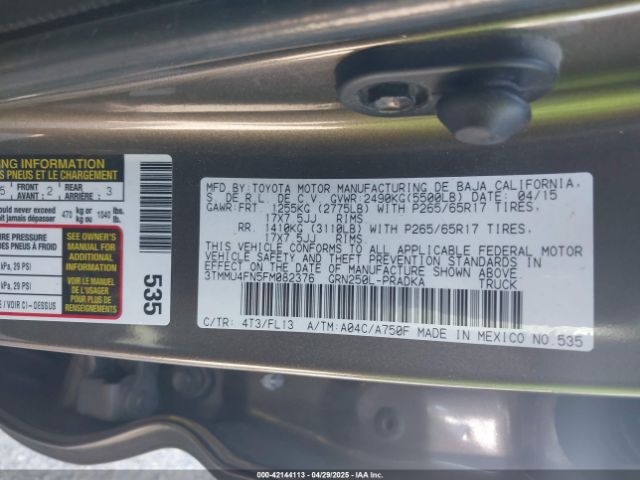 3TMMU4FN5FM082376 Toyota Tacoma Base V6