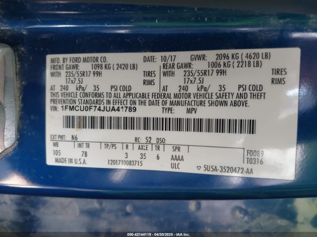 1FMCU0F74JUA41789 Ford ESCAPE S