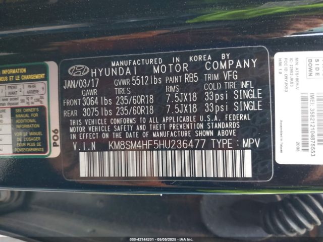 KM8SM4HF5HU236477 Hyundai Santa Fe Se