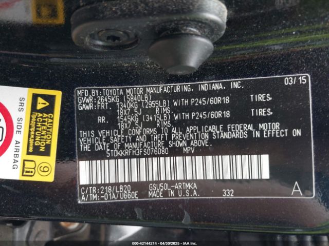 5TDKKRFH3FS076080 Toyota Highlander Xle V6