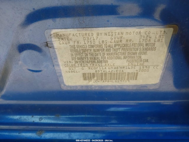 3N1CN7AP8HL859759 Nissan Versa 1.6 S+