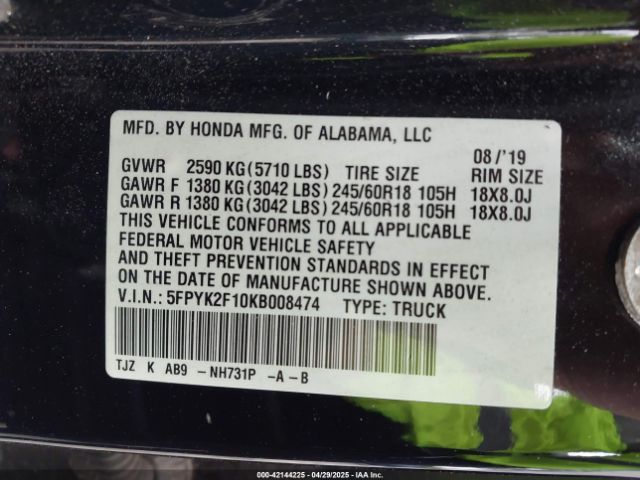 5FPYK2F10KB008474 Honda Ridgeline Sport