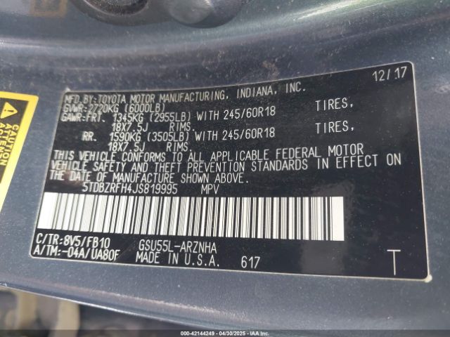 5TDBZRFH4JS819995 Toyota Highlander Le