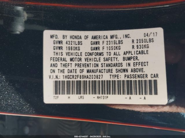 1HGCR2F89HA203827 Honda Accord Ex-l