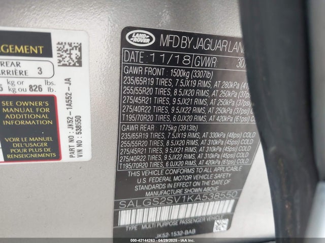 Land Rover aj126 2019 SALGS2SV1KA538550 Image 9
